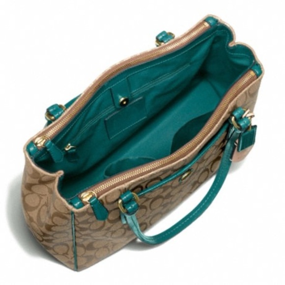 NWT Coach PEYTON JORDAN 2xZIP CARRYALL SIGNATURE F24603 LT KH/Pom Below $378 Ret - Picture 2 of 4